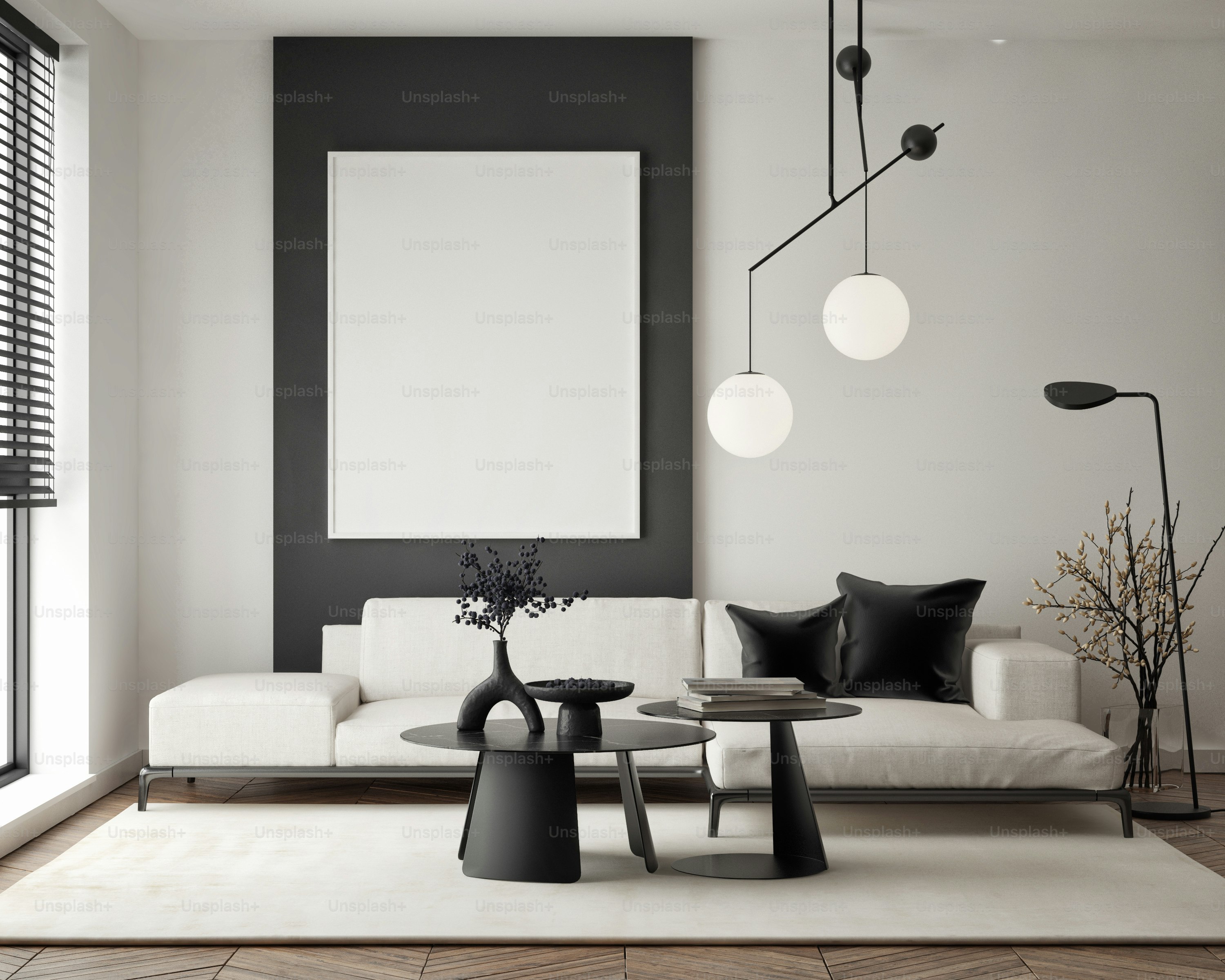 Mockup poster frame on the wall of living room. Luxurious apartment background with contemporary design. Modern interior design. 3D render, 3D illustration